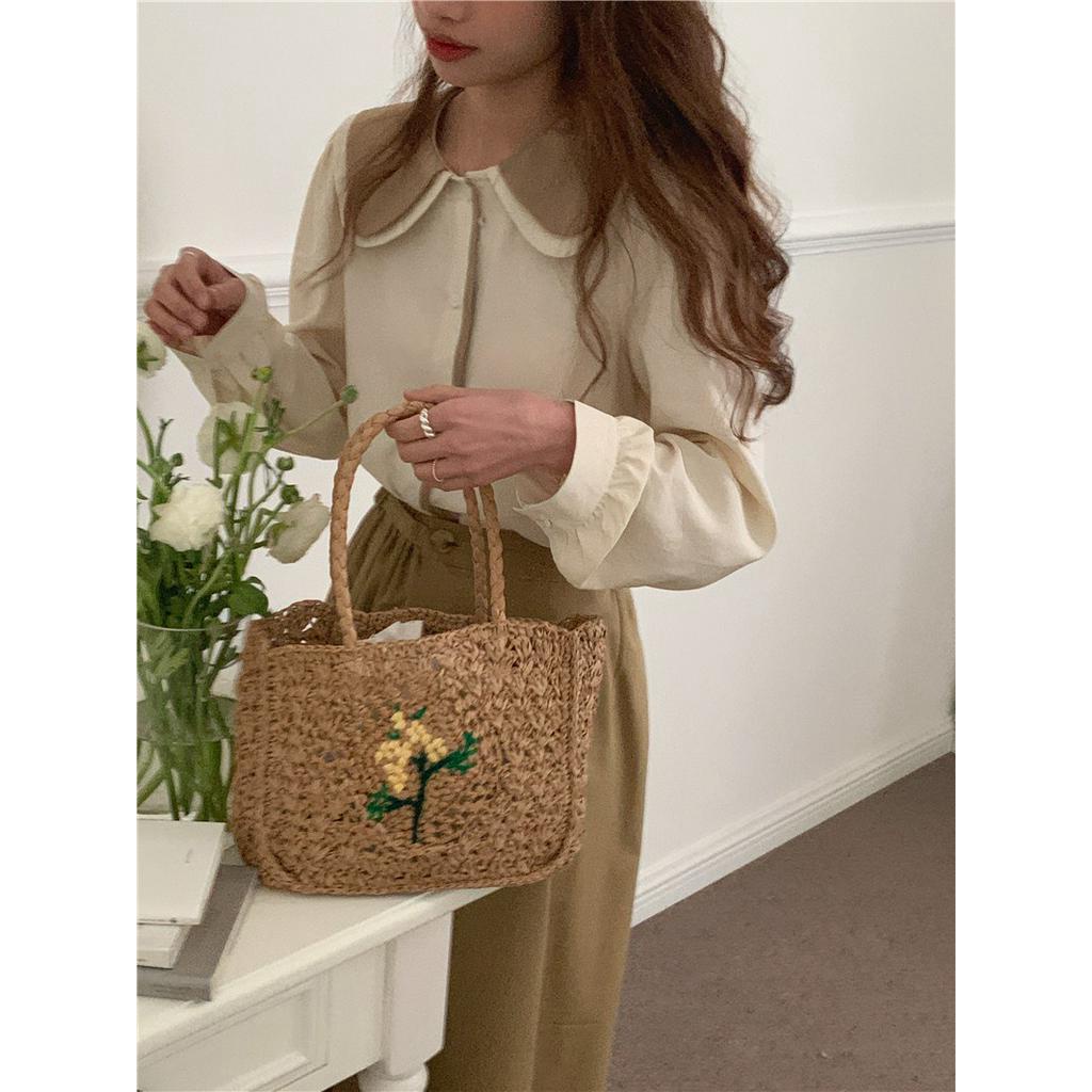 Bộ Áo Sơ Mi Tay Dài + Chân Váy Lưng Cao Co Giãn Màu Sắc Tương Phản 61329