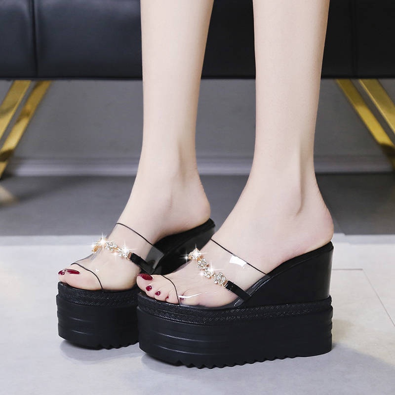 Dép Cao Gót Đế Xuồng Dày Dặn Chống Trượt Đính Đá Thời Trang Mùa Hè 2021 Cho Nữ