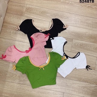 Áo thun croptop cổ nơ tay phồng