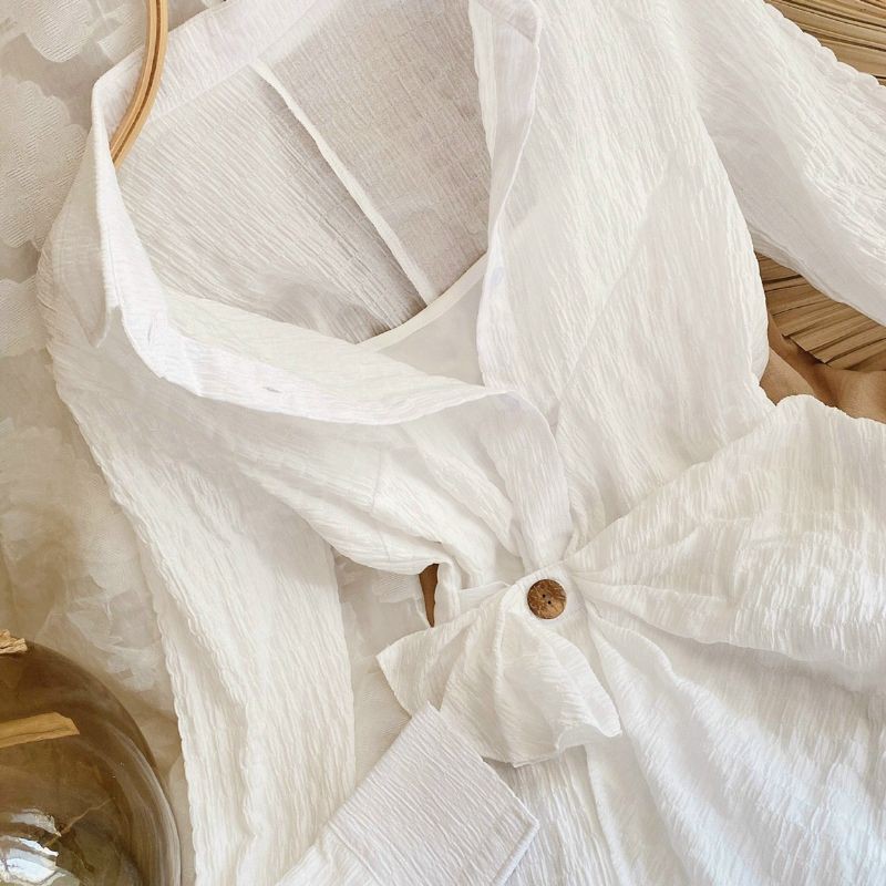 ĐẦM CỔ SƠMI TRẮNG CHÍT EO LỆCH TÀ🌸video thật shop quay D2205A