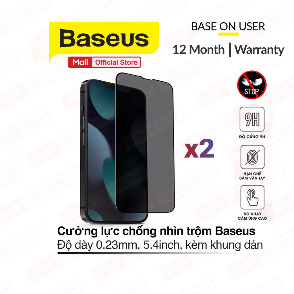 Bộ 2 cường lực chống nhìn trộm Baseus 5.4inch cho iPhone 13mini dày 0.23mm, 9H, hạn chế vân tay, cảm ứng mượt,kèm khung