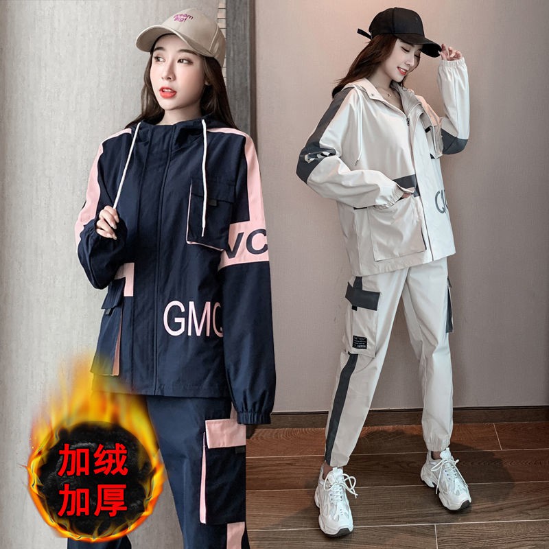 Quần áo bảo hộ lao động mùa đông, bộ đồ thể thao giản dị, đôi cùng khoác nhung, một nam nữ, phiên bản Hàn Quốc, h