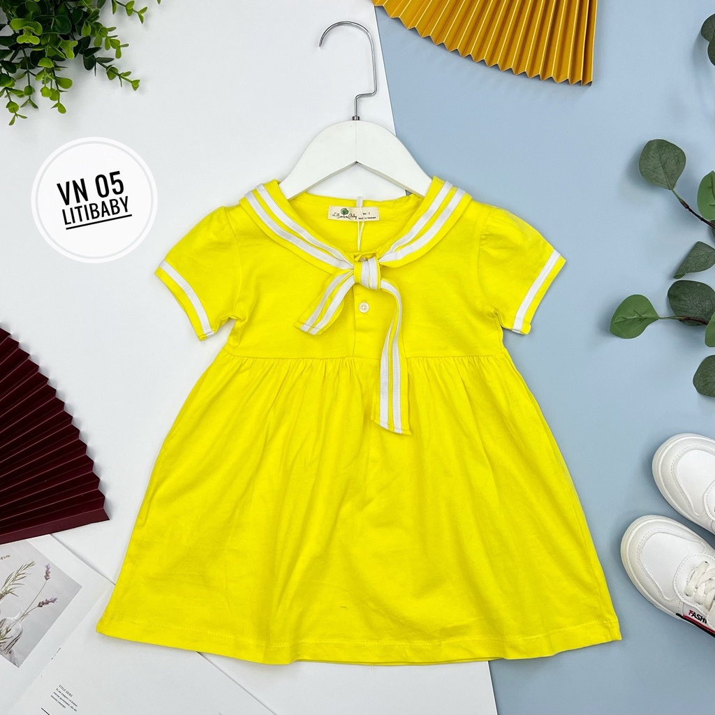 Đầm thun cotton trơn phối cổ nơ hải quân cho bé gái từ 10-37kg
