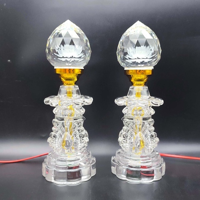 Một Cặp Đèn Thờ Hoa SEN PHA LÊ Nguyên Khối Phát Sáng Toàn Thân, ĐÈN TRANG TRÍ TỦ THỜ