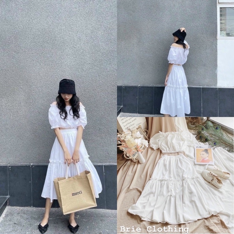 Set Crop Trắng Bẹt Vai + Chân Váy Midi Trắng Tầng
