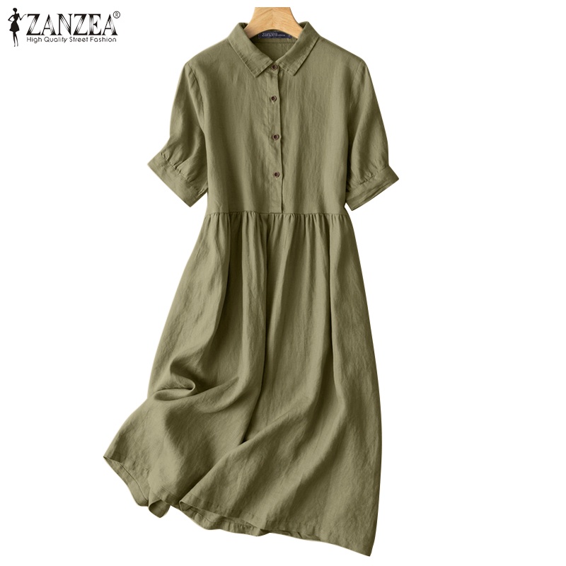 Zanzea Đầm Midi Tay Ngắn Cổ Bẻ Phong Cách Retro Thời Trang Cho Nữ