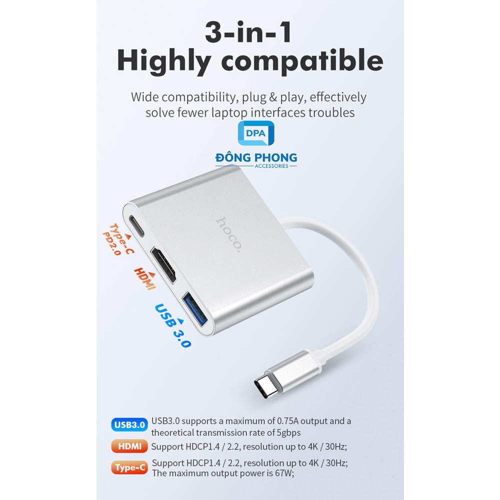 Hub Chuyển Cổng Type C Ra USB 3.0 , HDMI &amp; PD 2.0 Hoco HB14 Chính Hãng