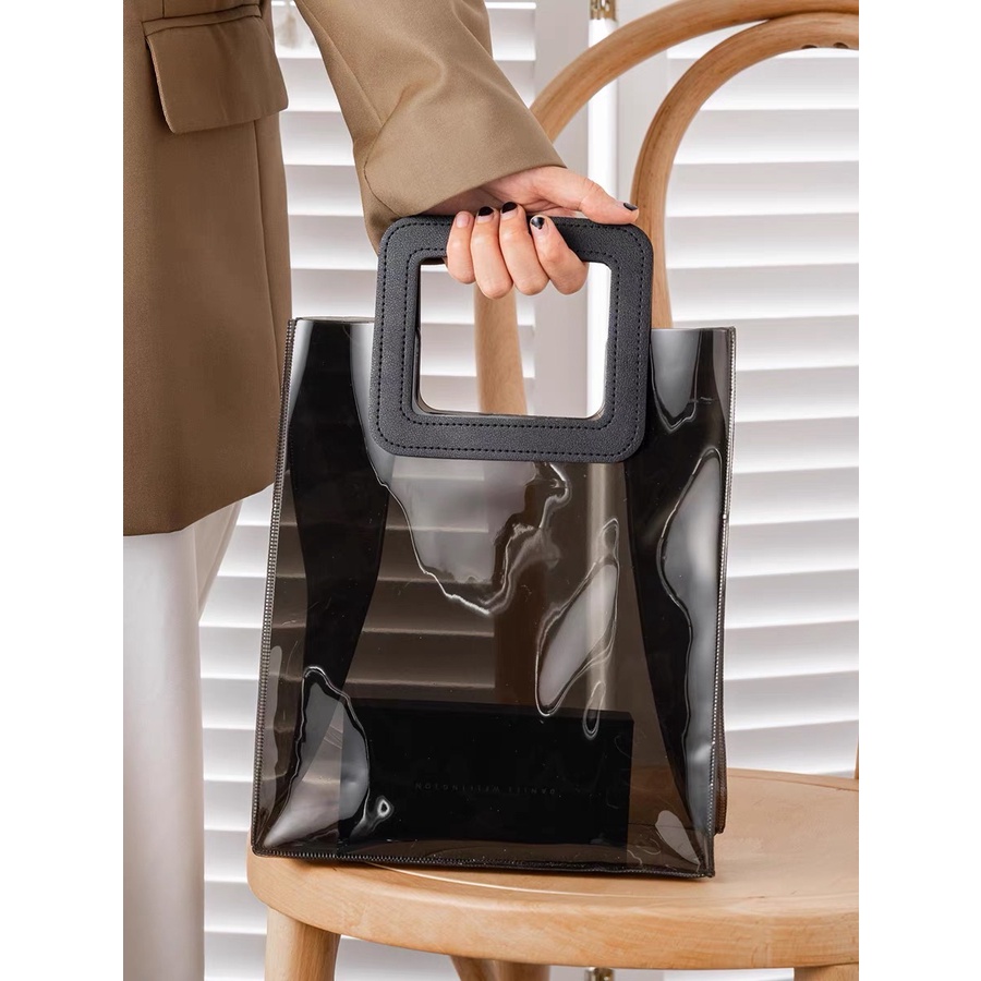 [Màu Đen - Nhựa Siêu Dày] Túi Nhựa Trong Suốt Dé Store Có Quai Cầm Bằng Da Phong Cách Hàn Quốc