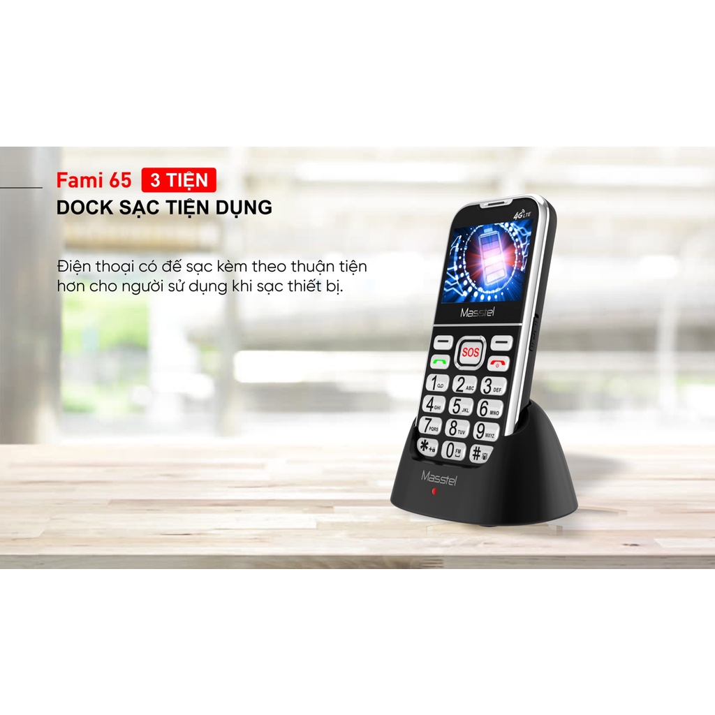Điện thoại Masstel Fami 65 4G - Gọi HD Call ,Tặng đế sạc , Màn hình lớn , Phím bấm to - Hàng chính hãng
