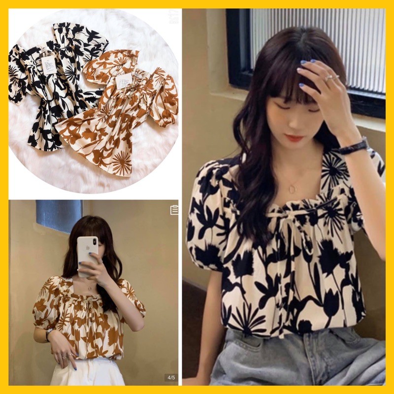 Áo hoa cổ vuông tay bồng thương hiệu SHOPLORA kiểu dáng trẻ trung