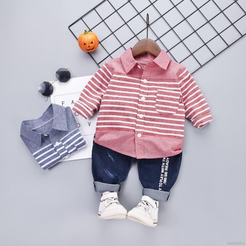 Bộ áo tay dài kẻ sọc + quần jean denim cho bé trai từ 0-5 tuổi