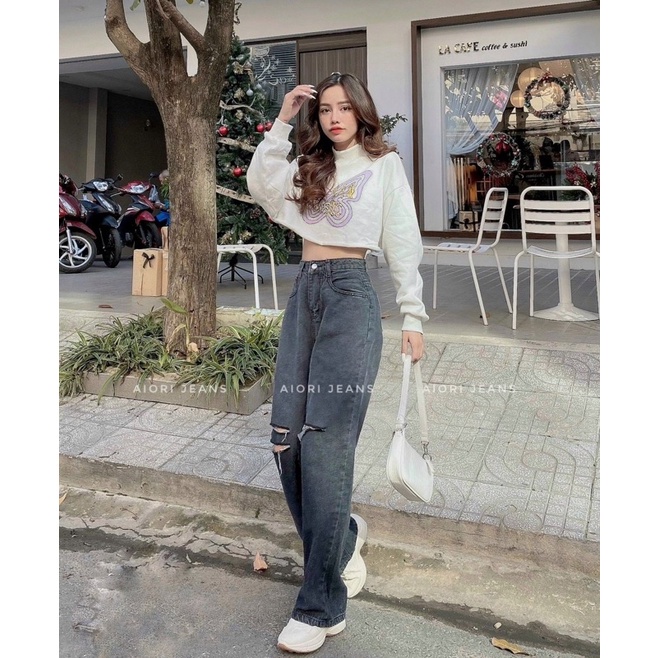 Quần Jeans Nữ Aiori Quần Suông Jeans Ống Rộng Rách Gối Loang Màu Xám, Chất Jeans Cotton Cực Xịn_Mã 3344