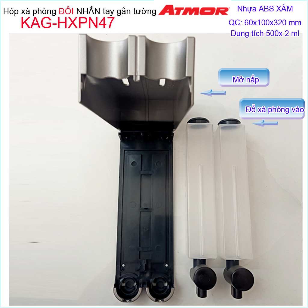 Hộp nhấn xà phòng Atmor KAG-HXPN47-grey xám, bình xịt xà bông 500ml x2 thiết kế sang trọng nhấn êm siêu bền