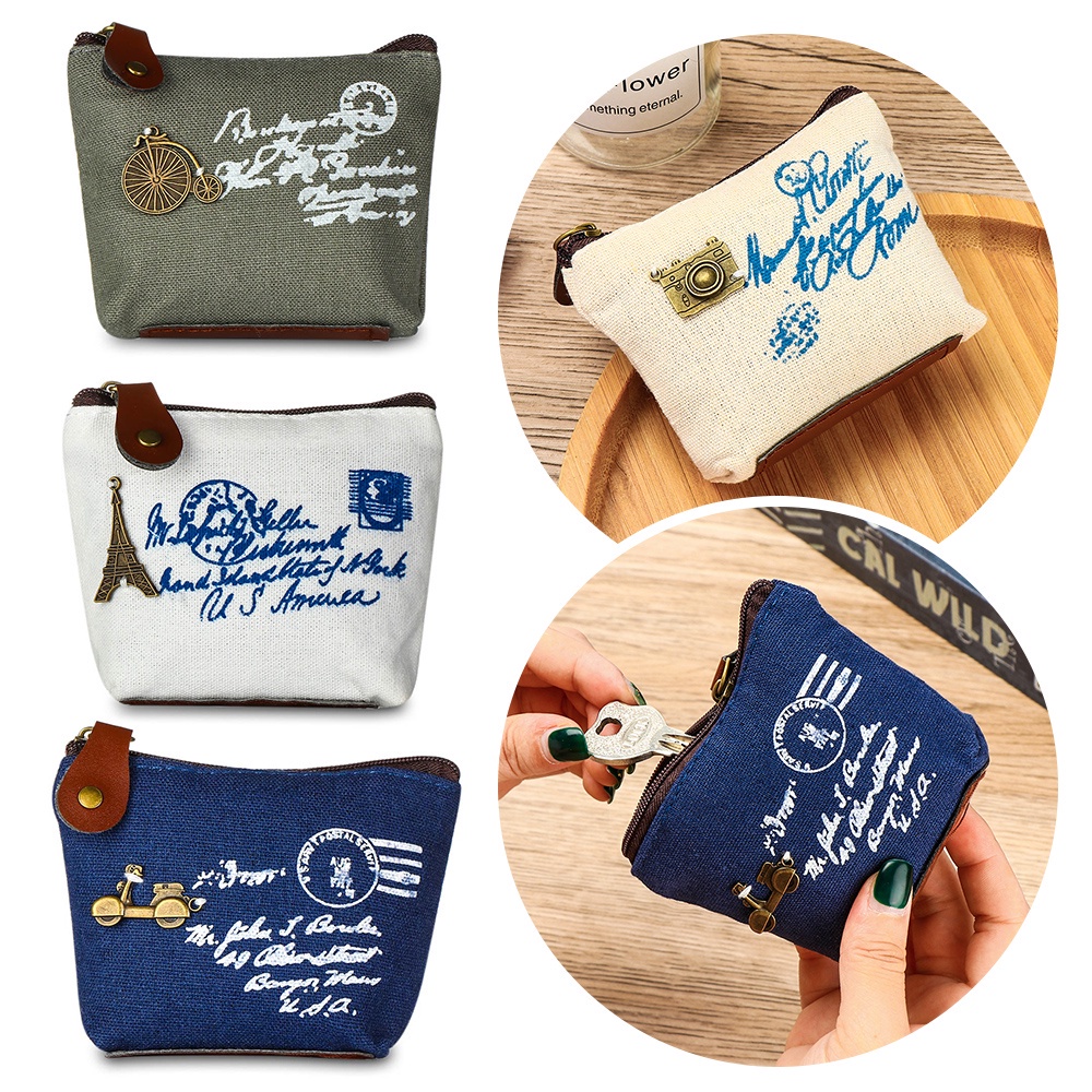 Ví mini đựng tiền bằng vải canvas phong cách cổ điển dễ thương