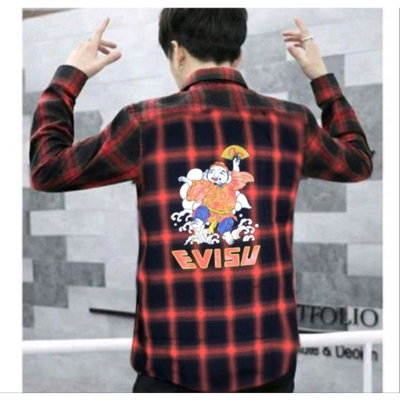 Áo Sơ Mi Nam Nữ Caro Nỉ Tay Dài EVISU In Hình Ông Địa Nhiều Màu Siêu Xinh - Super Fashion P