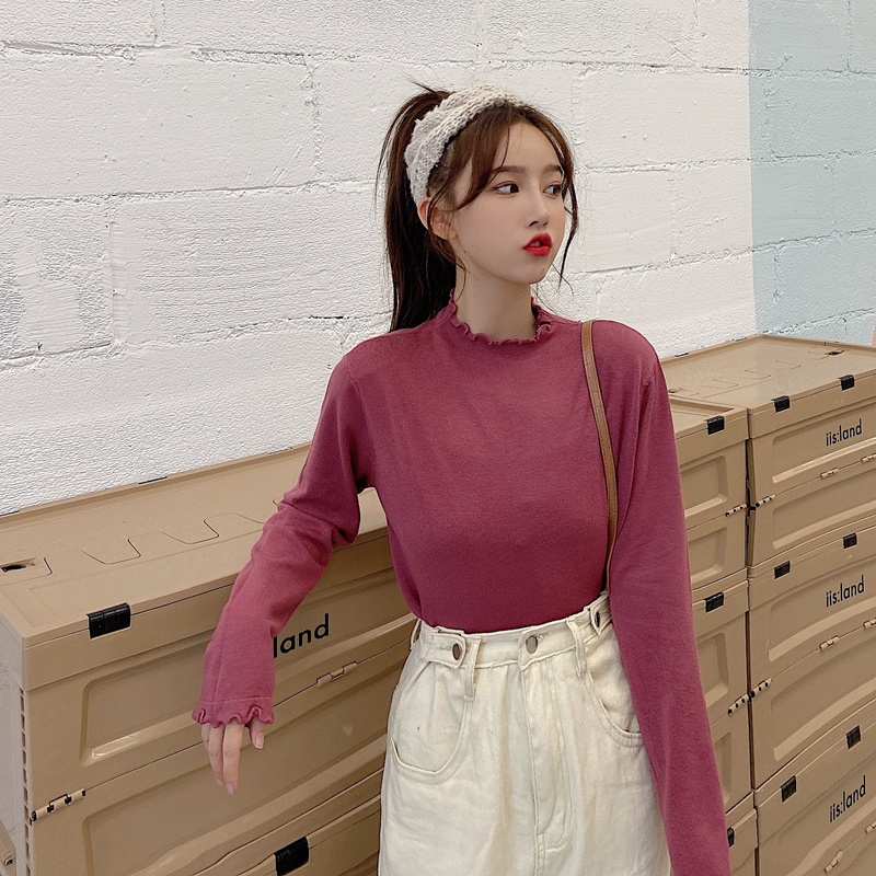 Áo dệt kim tay dài dáng rộng cổ cao phong cách mới thời trang thu đông cho nữ