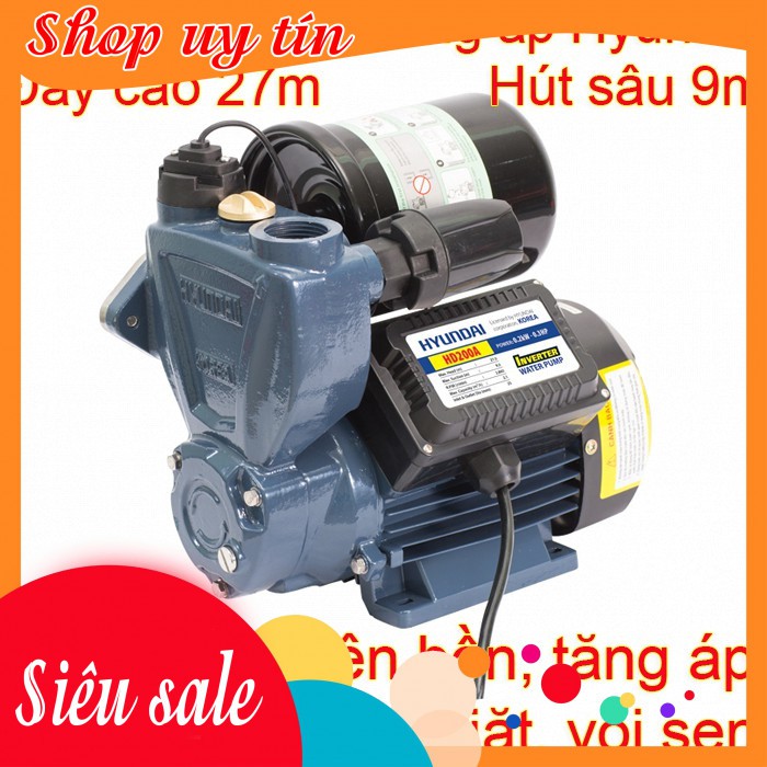 Máy bơm áp mini đẩy cao và tăng áp tự động Hyundai HD200A cảm biến thông minh, trợ lực nước yếu, BH chính hãng 6 tháng