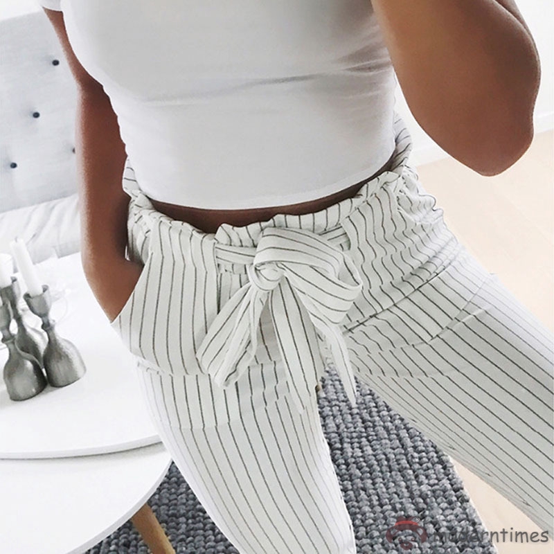 Quần dài kẻ sọc cột nơ xinh xắn cho nữ | BigBuy360 - bigbuy360.vn