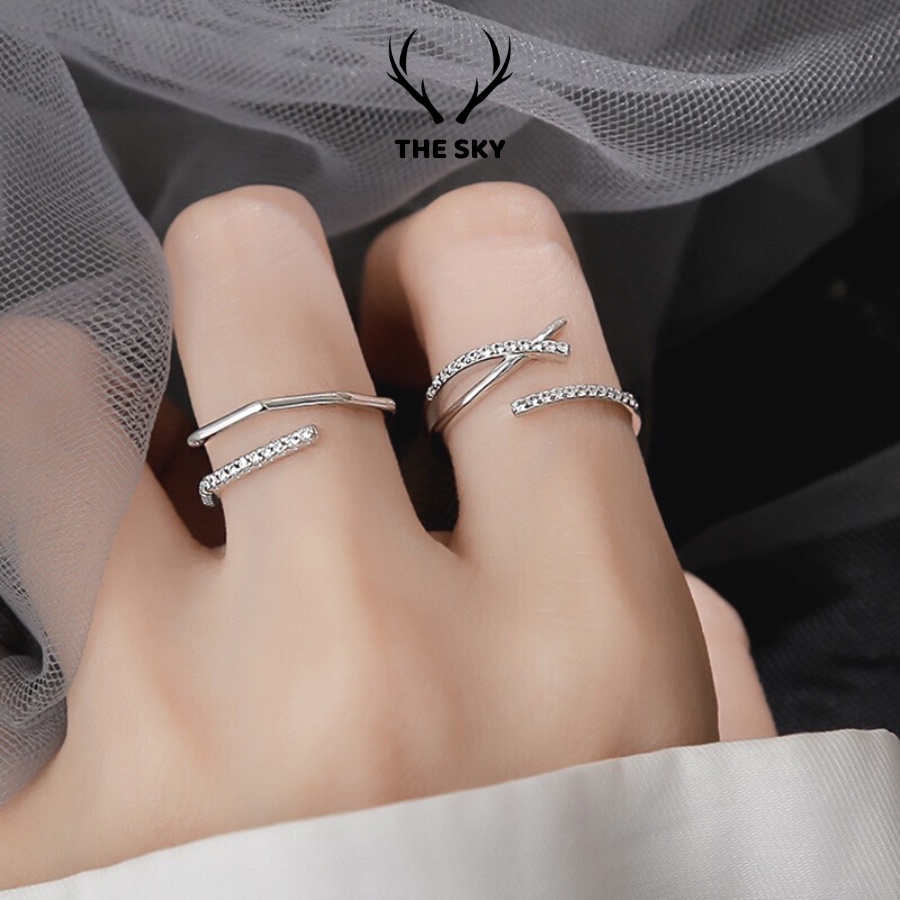 Nhẫn Bạc Nữ THE SKY NB06 Hình Lục Giác Mặt Đính Một Hàng Đá Sáng Lấp Lánh