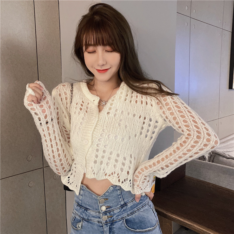 Hollow knit sweater women thin slim slimming cardigan tops age reduction all-match sun protection shirt