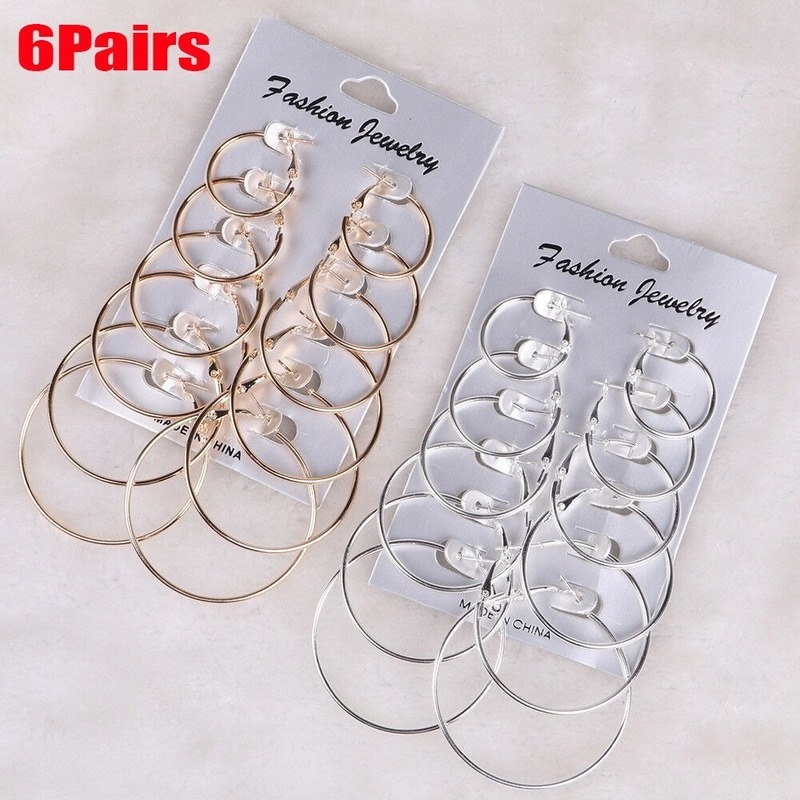 Set 6 Đôi Khuyên Tai Hình Tròn Nhiều Kích Cỡ Thời Trang Âu Mỹ
