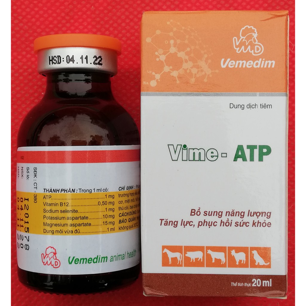 1 lọ Vime - ATP 20 ml Bổ sung năng lượng, tăng lực, phục hồi sức khỏe Cho trâu, bò, ngựa, chó, mèo, heo giống, gia cầm