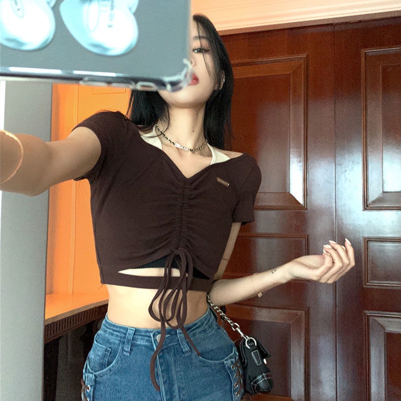 Áo Thun Ngắn Tay Cổ Chữ V Thiết Kế Lệch Tà Quyến Rũ Thời Trang Cho Nữ