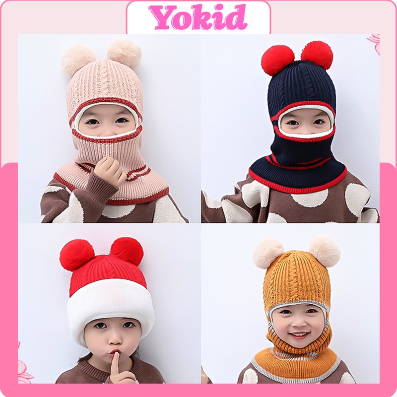 Mũ len cho bé trai gái mùa đông hai quả bông trùm đầu dễ thương giá rẻ đẹp kèm khăn hàng hiệu giữ ấm - ML1A