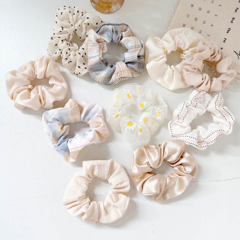 Set dây buộc tóc scrunchies chun cột tóc vải họa tiết phong cách vintage