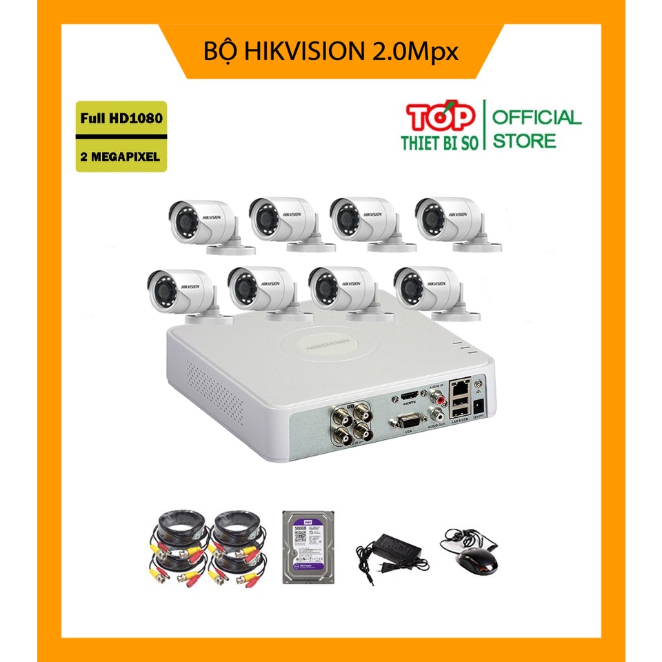 ( SIÊU SALE ) Trọn Bộ 5/6/7/8 Camera giám sát HIKVISION 2.0MP-1080P Chính hãng, Kèm ổ HDD &amp; Đầy đủ phụ kiện lắp đặt