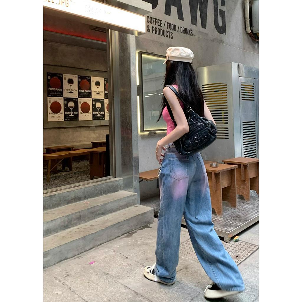 「 WELOVE1 」Quần Jean Dài Eo Cao Ống Rộng In Họa Tiết Graffiti Thời Trang Mùa Hè Dành Cho Nữ