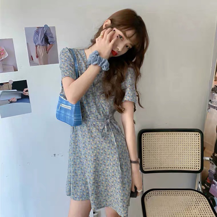 [CÓ SẴN] VÁY ĐẦM HOA NHÍ NGẮN TAY XANH DƯƠNG BABYBLUE FULLSIZE BUỘC DÂY THỜI TRANG ULZZANG HÀN QUỐC CAO CẤP LOẠI 1