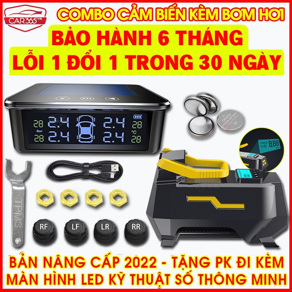 COMBO Bơm Hơi + Cảm biến áp suất lốp nút Cảm Ứng chính hãng CAR365 - màn hình hiển thị LCD Sắc Nét - BẢO HÀNH 06 THÁNG