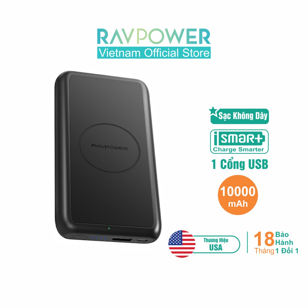 Pin Sạc Dự Phòng Tích Hợp Sạc Không Dây RAVPower RP-PB081 10.000mAh 12W Input Type-C - Hàng Chính Hãng