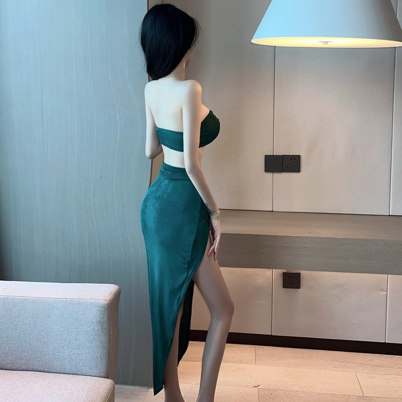 2022 summer new nightclub hot sexy super short chest top split tight sheath dress suit TKYB