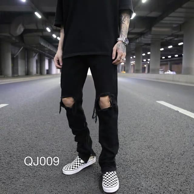 Quần Jean Zip Rách Gối Phong cách - jean co giãn tốt