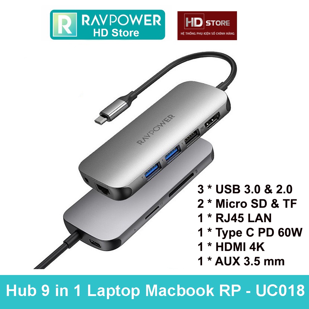 Hub RAVPower Type C  9 in 1 cho Laptop Macbook Air Pro Mac (Type-C to HDMI/ USB3.0/ LAN / PD 60W) Đầu chuyển đổi