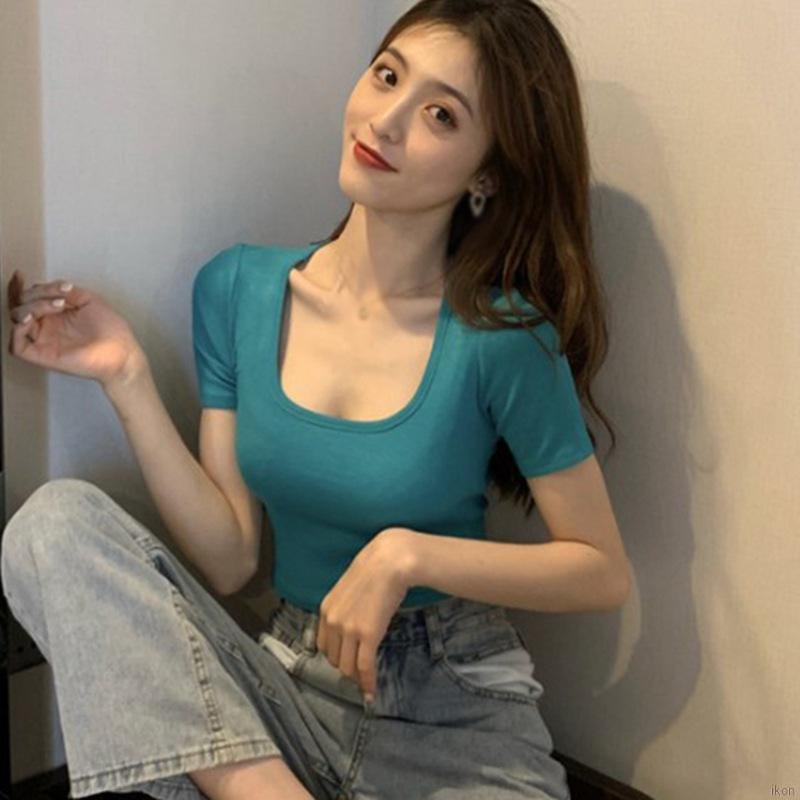 Áo Croptop Ngắn Tay Cổ Vuông Dáng Ôm Thiết Kế Giản Dị Dành Cho Nữ