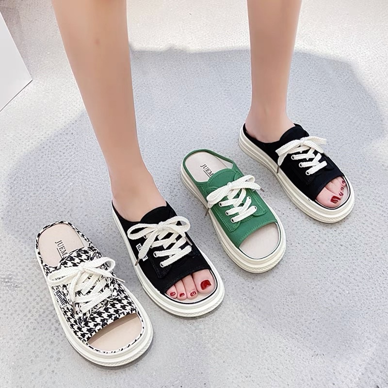 Dép sục nữ hở mũi , đế bánh mỳ canvas cute cao thêm 3cm . Giày đạp gót nữ thời trang