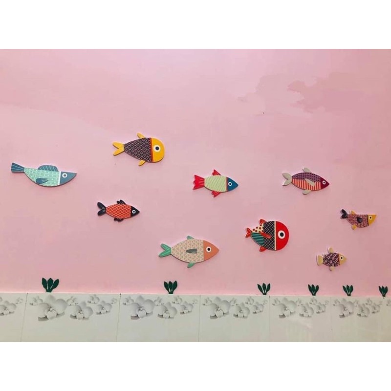 Bộ tranh gỗ  Cá decor dán tường cao cấp  trang trí phòng khách, phòng ngủ, tranh cá treo tường gắn sẵn băng dính