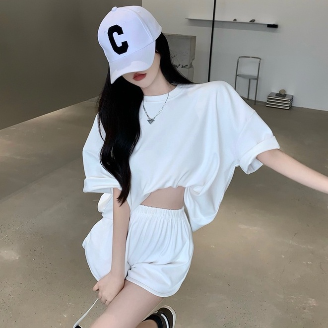 Set Áo Thun Ngắn Tay Cổ Tròn + Quần Short Ống Rộng Lưng Thun Thời Trang Hè Cho Nữ