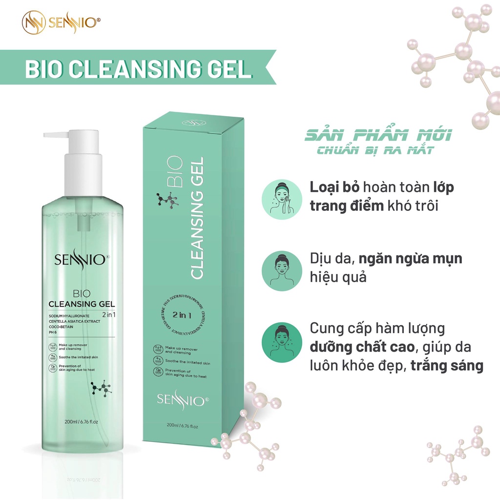 Nước tẩy trang không cồn Sennio Bio Gel Cleanser dạng gel thải độc 2 in 1 phù hợp cho da dầu mụn 200ml SNO 826