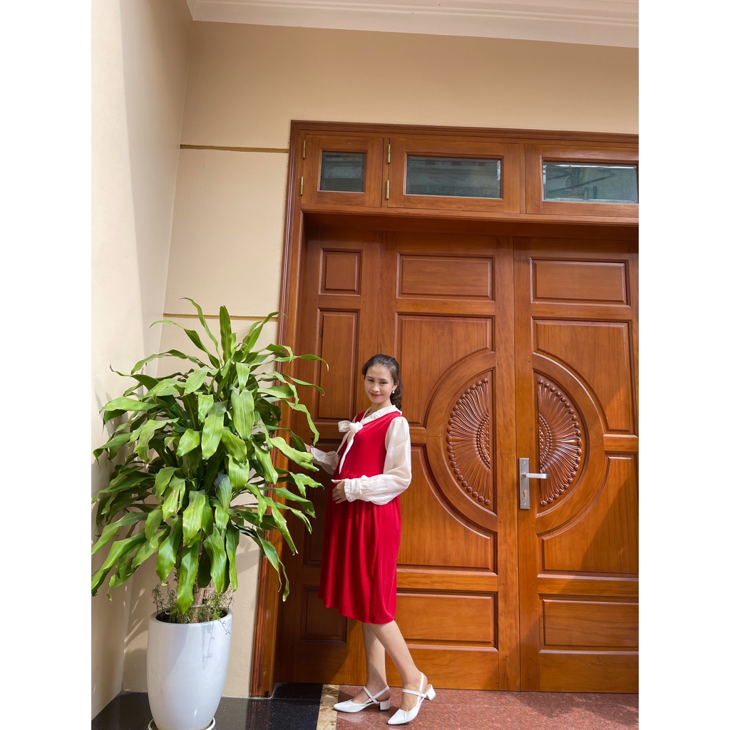 Váy bầu thu đông thiết kế nơ cổ NHUNG PHỐI TAY VOAN siêu sang chảnh cho mẹ bầu đi làm đi chơi V334