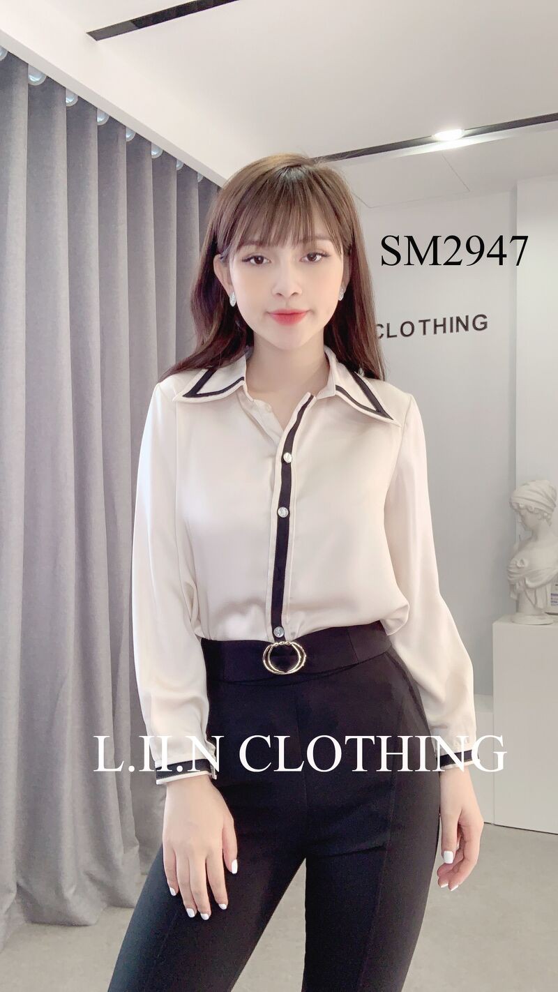 Áo sơ mi Lụa màu Be Viền Đen form công sở xinh xắn Liin Clothing SM2947