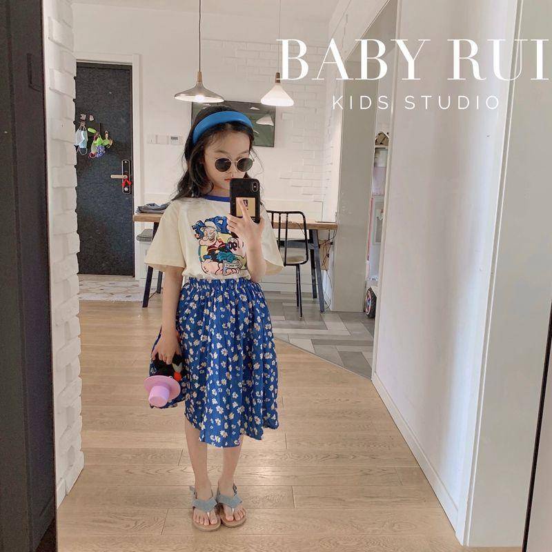 Set áo thun cotton in họa tiết hoạt hình + chân váy hoa lưng thun phong cách Hàn Quốc thời trang mùa hè cho bé