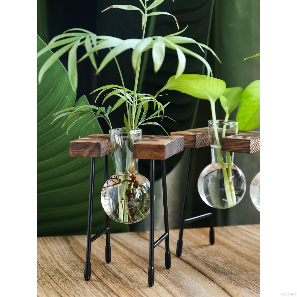 Bình hoa thủy tinh có giá đỡ bằng sắt và gỗ để bàn đơn giản trang trí nhà cửa
