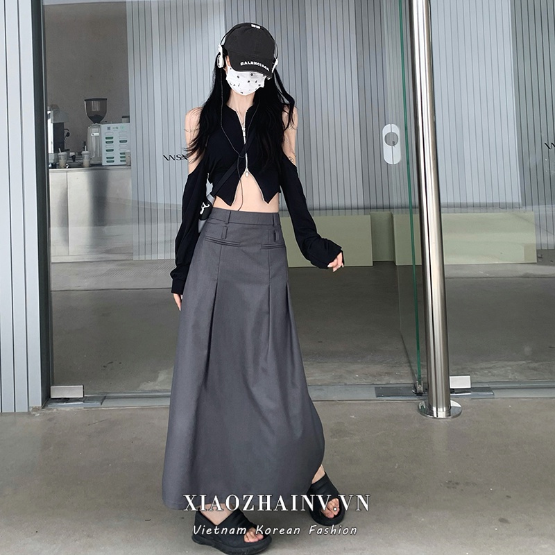 Trang phục XIAOZHAINV áo trễ vai dài tay/ chân váy dài chữ A lưng cao thời trang nữ