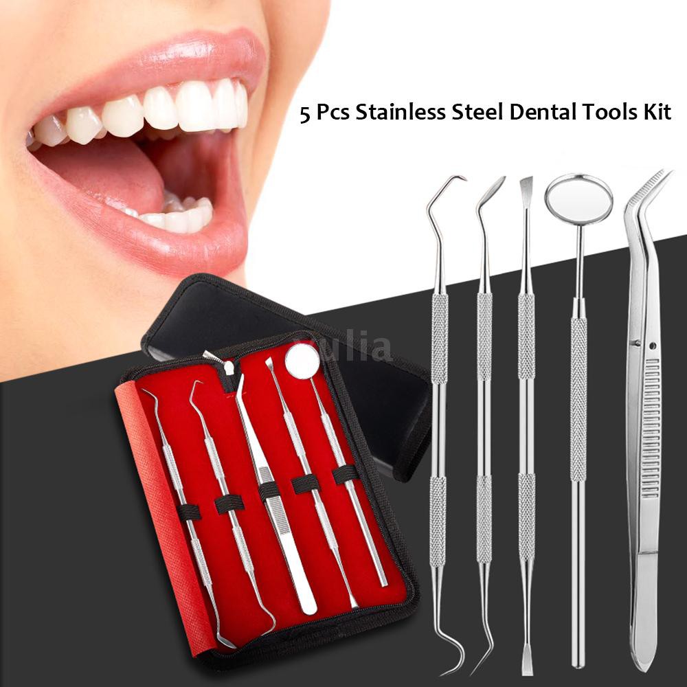 Bộ 5 dụng cụ làm răng bằng thép không gỉ gồm cây cạo cao răng gương soi miệng cùng với cây xỉa răng dành cho nha sĩ