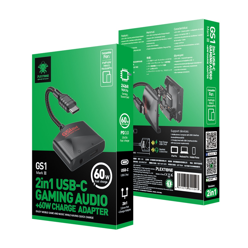 Đầu chuyển đổi PLEXTONE GS1 2 trong 1 hỗ trợ âm thanh 3.5mm PD AUX Type C 27W sạc nhanh thích hợp cho Samsung Huawei