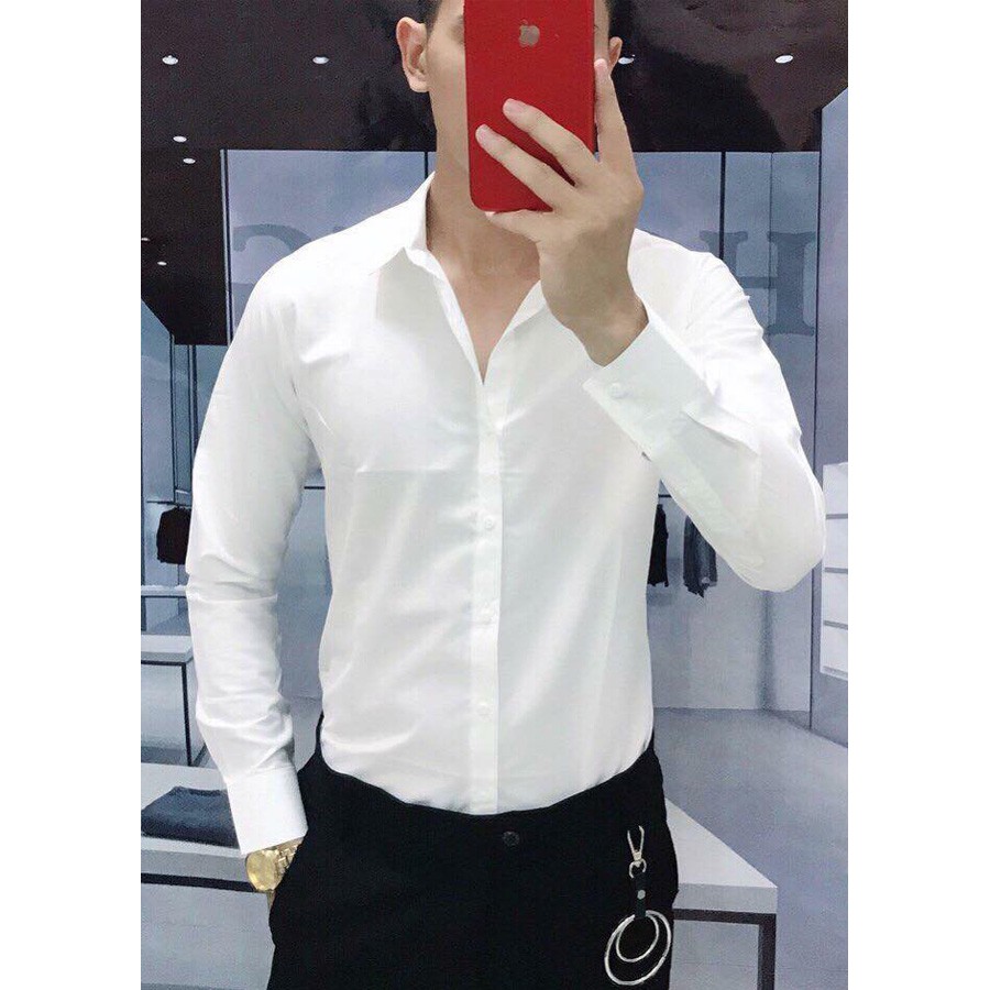 Áo Sơ Mi Nam Dài Tay Đen Trơn Chất Lụa Mịn Dáng Vừa Thoáng Mát Thông Hơi